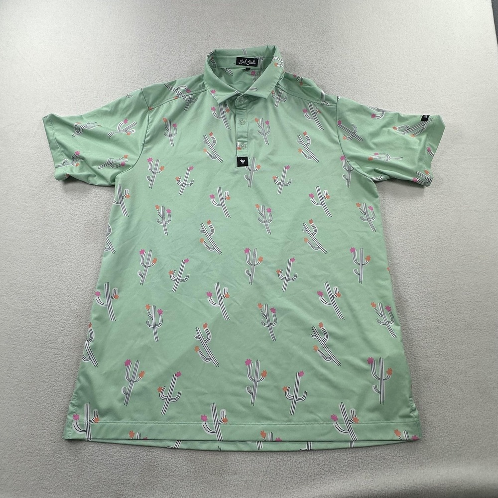 Bad Birdie Polo Shirt Mens Large Green Cactus Print Golf Performance Stretch
